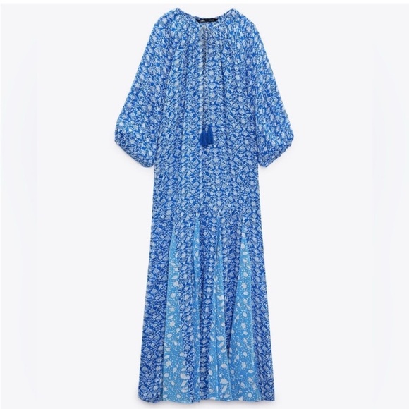 ZARA Blue/White BOHO FLORAL dotted MESH PRINTED MIDI DRESS sz XS - Picture 3 of 12